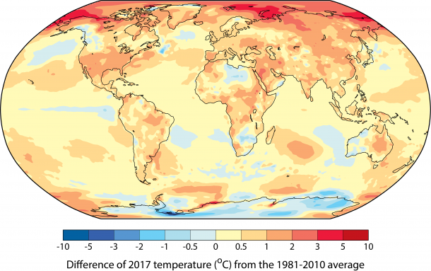 Аномалии среднегодовой температуры в 2017 году по отношению к нормам за 1981-2010 гг.